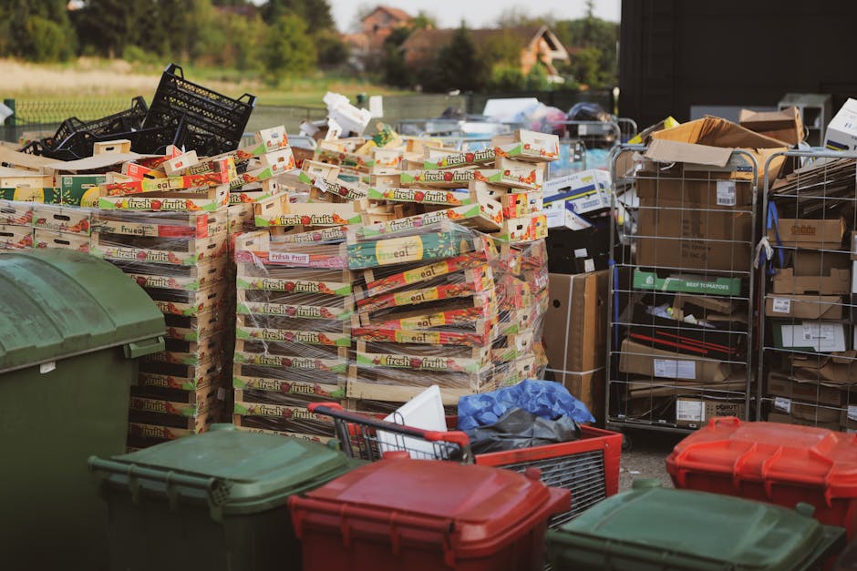 A large outdoor area adjacent to a residential property, displaying numerous stacked cardboard boxes filled with fresh fruits, identifiable by printed labels and vibrant graphics, positioned near a green outdoor waste bin. Several black plastic crates and metal shelving units are visible, containing various packaging materials, cardboard boxes, and loose items, some of which are partially packed or open. Multiple plastic rubbish bins with red, green, and black lids are placed in the foreground, with some open or containing discarded packing materials. The scene appears to be part of a home relocation process involving furniture and item packing, with the activity likely related to removing bulky waste or preparing items for transportation. The background shows a driveway or patio area with a paved surface, adjacent to a garden with greenery and a house in the distance, under natural daylight. This image connects with moving services offered by Man with Van Blackfen and illustrates steps in packing, loading, or waste disposal during a house move.